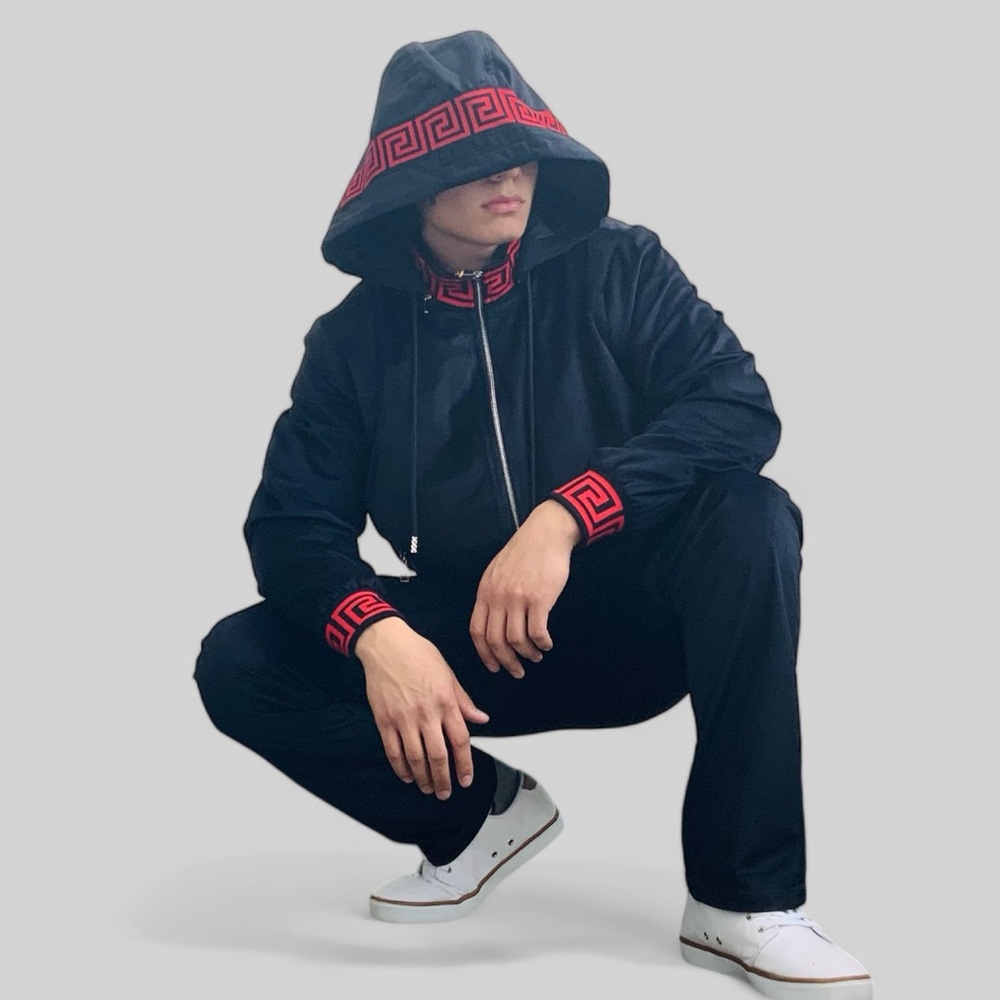 Men's Manzini Black | Red Velvet Hooded Casual Tracksuit NWT